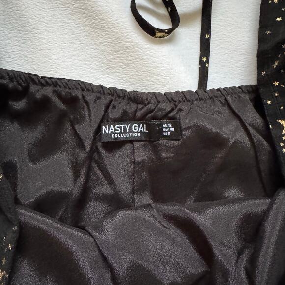 Nasty Gal Metallic Star Print Puff Sleeve Baby Doll Tiered Mini Dress 8 - Picture 4 of 7